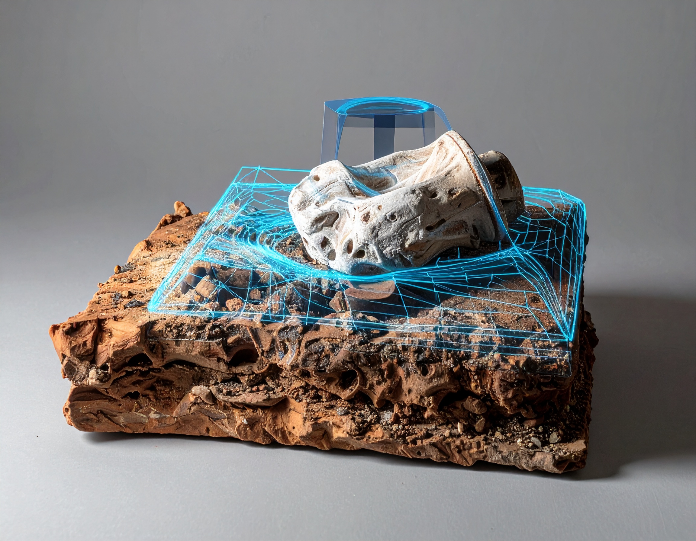 3D representation of an artifact with digital mesh overlay symbolizing preservation and restoration through technology